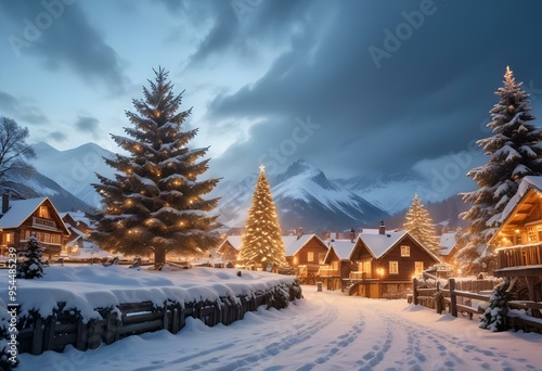 Wallpaper Mural A snowy winter landscape with a large illuminated Christmas tree in the foreground, surrounded by small wooden houses with Christmas lights. Torontodigital.ca
