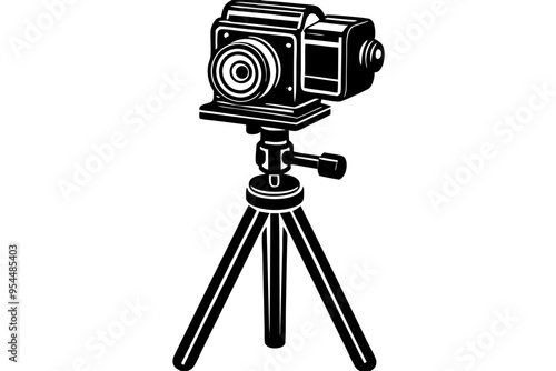 Digital photo camera on small tripod isolated cartoon object on white background