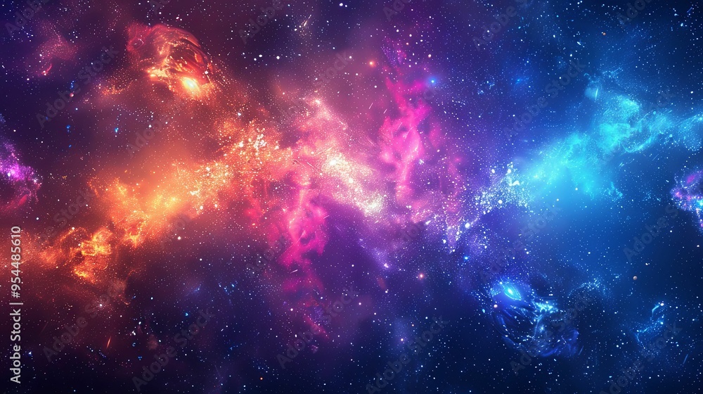 A vibrant cosmic nebula with swirling gas clouds and scattered stars. A vibrant cosmic nebula with swirling gas clouds and scattered stars.