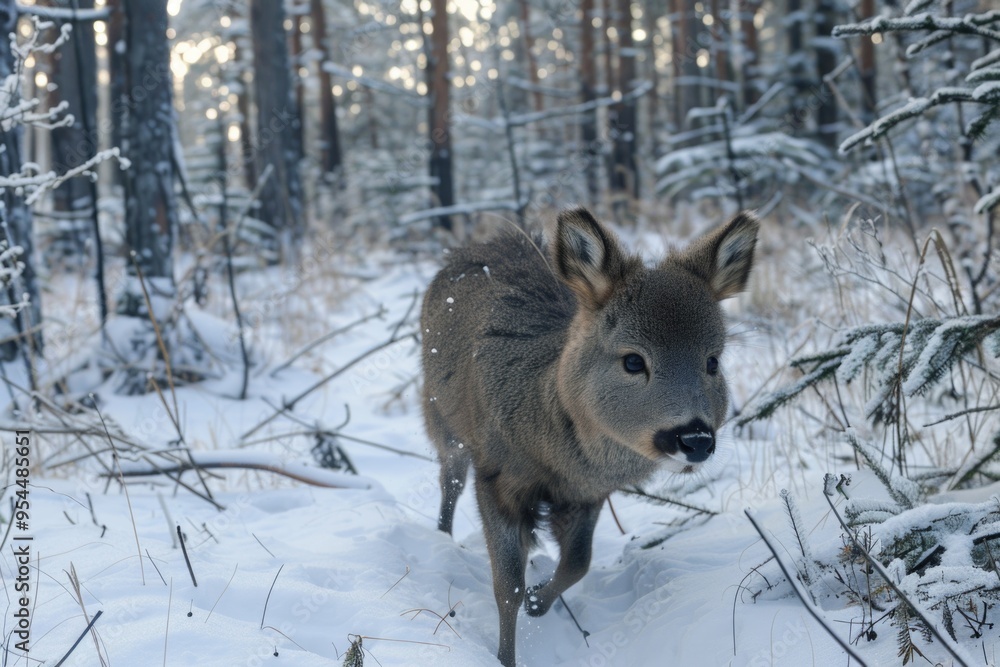 Naklejka premium Young deer in snowy winter forest AI