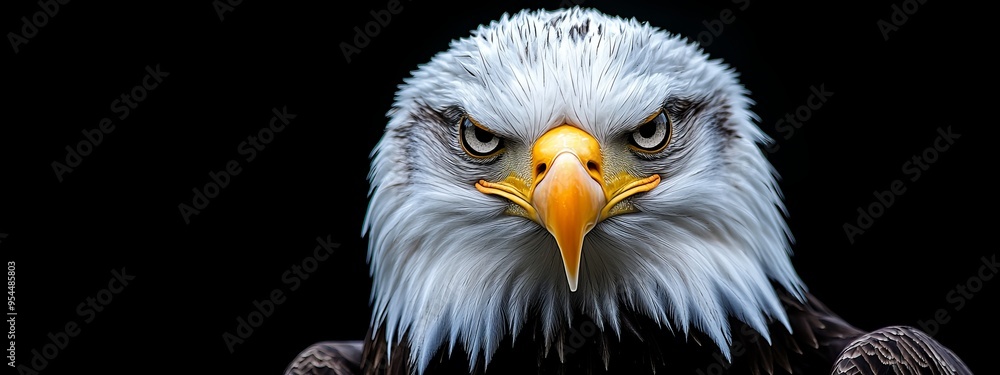 Fototapeta premium A bald eagle's intense face, in tight focus, against a black backdrop