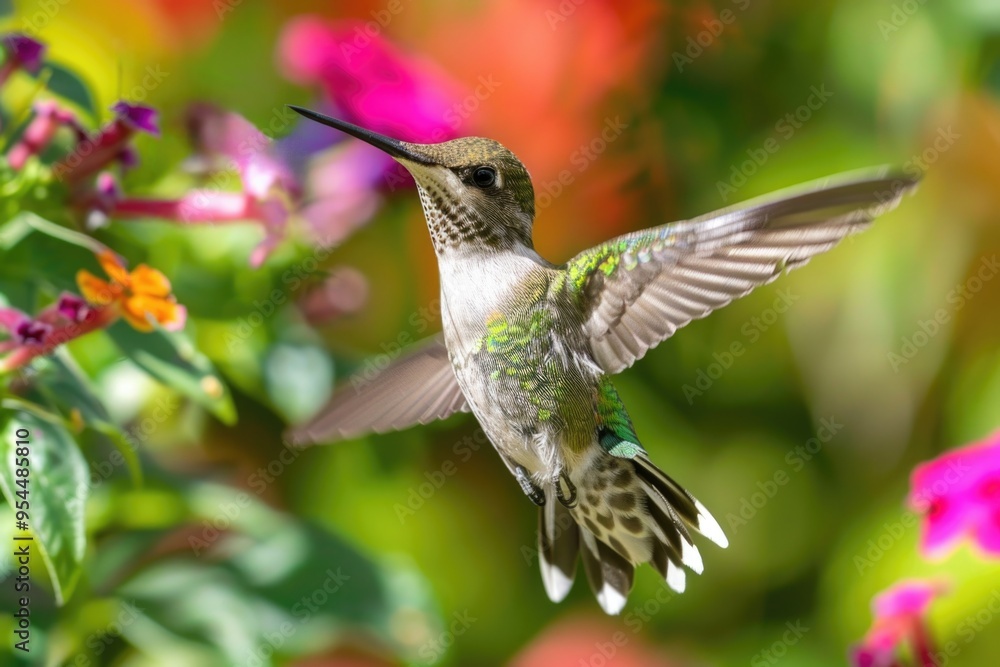 Fototapeta premium Vibrant hummingbird hovering amidst colorful blossoms in summer garden AI