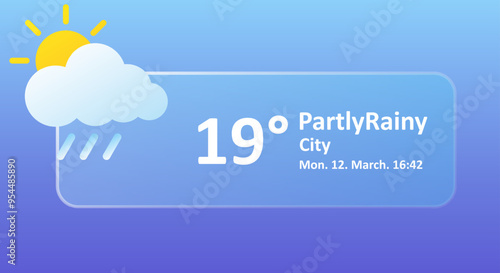 Partly rainy 19 Degrees Celsius weather forecast, date, city. Cloudy, lightning, thunderstorm, downpour, overcast, wind speed, air, precipitation, temperature, Fahrenheit, UV synoptic. Glassmorphism