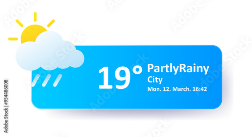 Partly rainy 19 Degrees Celsius weather forecast, date, city location. Cloudy, lightning, thunderstorm, downpour, overcast, cold, wind speed, air, precipitation, temperature, Fahrenheit, UV synoptic