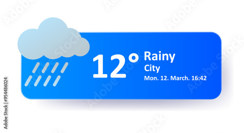 Rain 12 Degrees Celsius weather forecast, city location, date. Cloudy, thunderstorm, downpour, overcast, cold, wind speed, air, precipitation, temperature, atmosphere, Fahrenheit, conditions synoptic