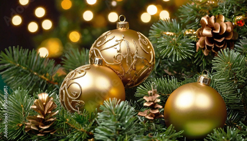 Close-up of Christmas tree decorations - golden shiny balls on Christmas tree branches. Festive New Year background.