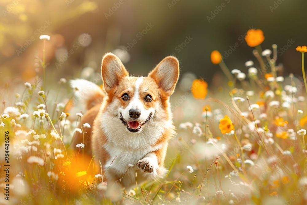Joyful corgi frolicking through a vibrant flower meadow at sunset AI Joyful corgi frolicking through a vibrant flower meadow at sunset AI