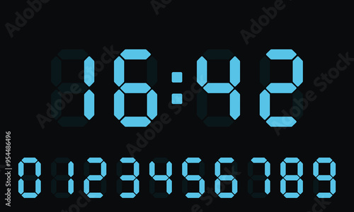 Electronic dial. Clock, timekeeping, time management, schedule, alarm clock, planning, blue numbers, calendar, watch, timer, sked, assign term, make an appointment, hour, minute. Vector illustration