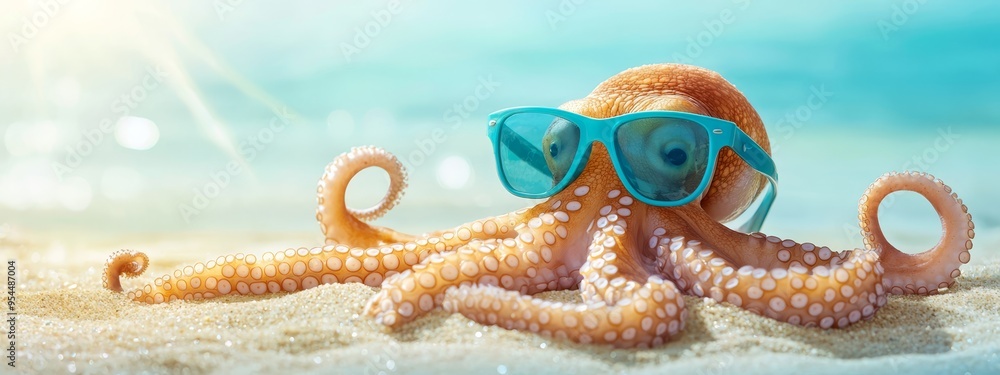 Naklejka premium A tight shot of an octopus donning blue goggles, placed next to it on a sandy beach, lies a starfish