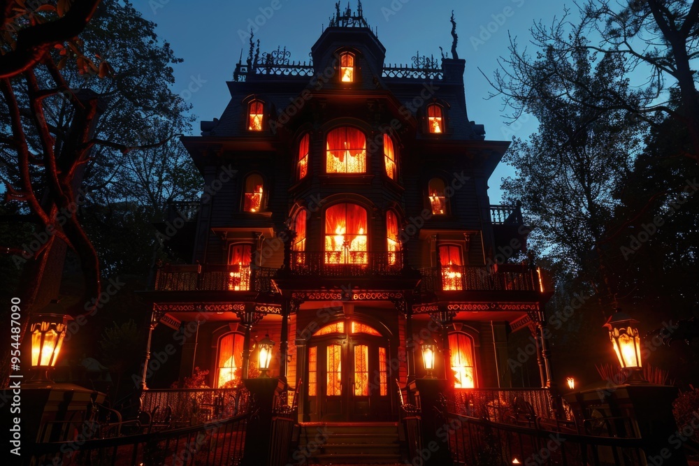 Spooky halloween haunted house with glowing windows and eerie atmosphere AI Spooky halloween haunted house with glowing windows and eerie atmosphere AI