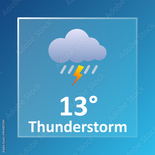 Thunderstorm 13 Degrees Celsius weather forecast. Cloudy, lightning, rain, downpour, overcast, cold, wind speed, air, precipitation, temperature, atmosphere, Fahrenheit, conditions, UV index, synoptic