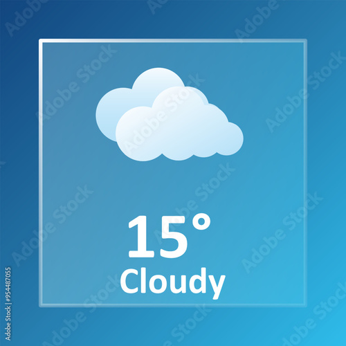 Cloudy 15 Degrees Celsius weather forecast. Windy, overcast, wind speed, thundercloud, air, precipitation, temperature, atmospheric pressure, Fahrenheit, conditions, UV index, synoptic. Glassmorphism