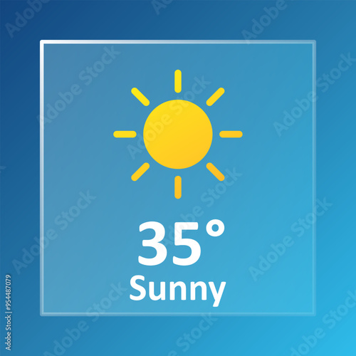 Sunny 35 Degrees Celsius weather forecast. Summer, hot, warm, air, heat, drought, precipitation, temperature, atmospheric pressure, Fahrenheit, conditions, high UV index, synoptic. Glassmorphism