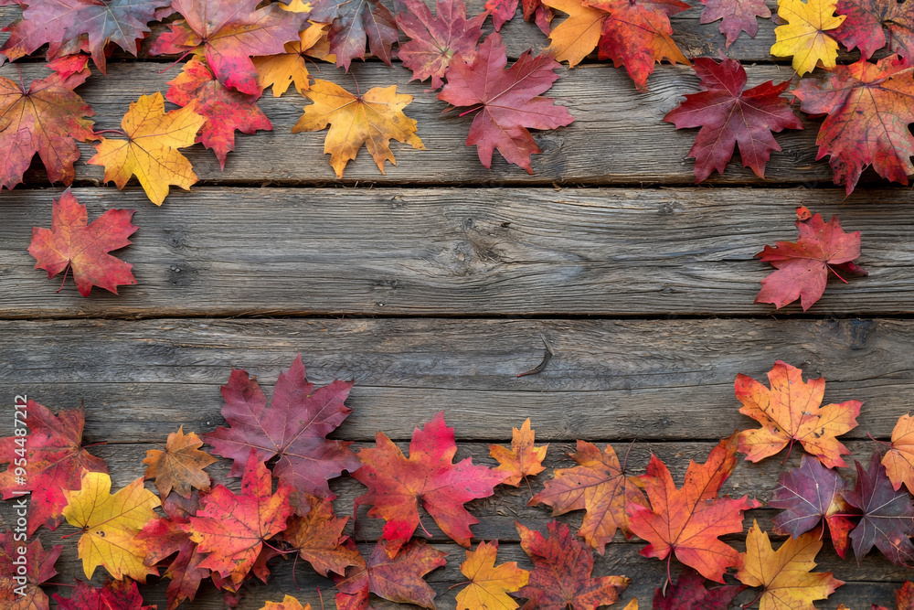 A vibrant arrangement of autumn leaves on a rustic wooden surface, showcasing seasonal beauty and nature's colors. A vibrant arrangement of autumn leaves on a rustic wooden surface, showcasing seasonal beauty and nature's colors.