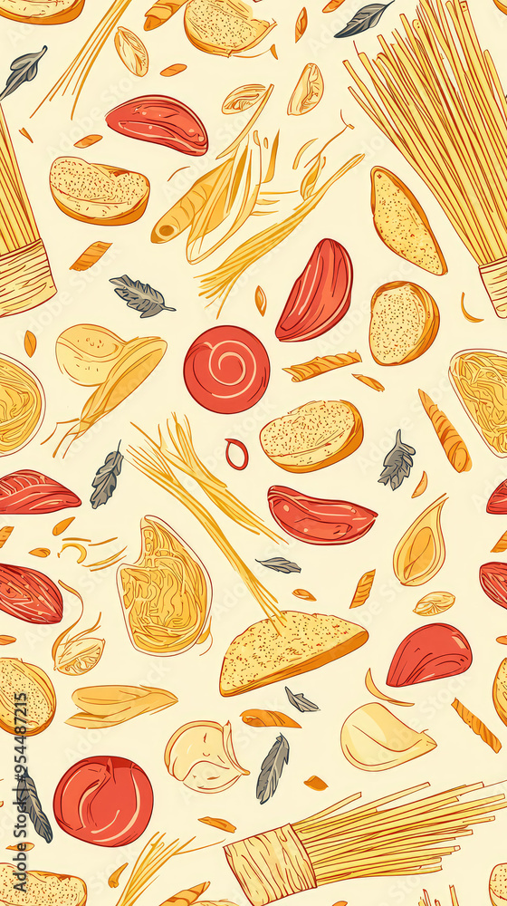 A Culinary Symphony: A Vibrant Pattern of Pasta, Bread, Garlic, and Spices A Culinary Symphony: A Vibrant Pattern of Pasta, Bread, Garlic, and Spices