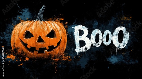 Drawing on a dark isolated background of a scary pumpkin with Halloween carved eyes and the words 