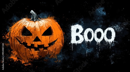 Drawing on a dark isolated background of a scary pumpkin with Halloween carved eyes and the words 