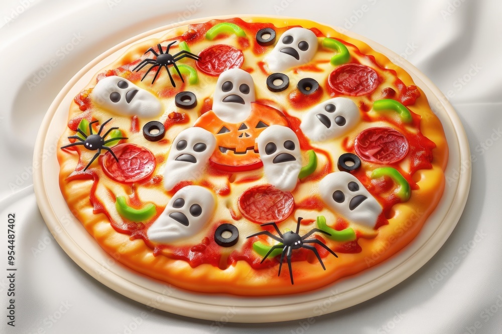 Spooky halloween pizza with ghost pepperoni and spider decor for festive celebrations AI Spooky halloween pizza with ghost pepperoni and spider decor for festive celebrations AI