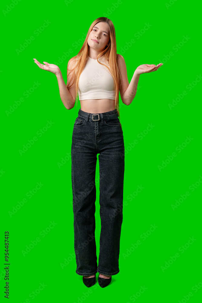 Young Woman Gesturing With Both Hands Against A Green Screen Young Woman Gesturing With Both Hands Against A Green Screen