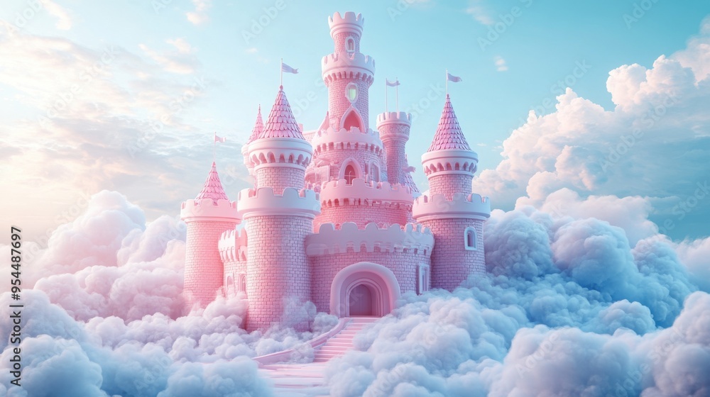 3D castle in pastel colors with cotton candy clouds 3D castle in pastel colors with cotton candy clouds