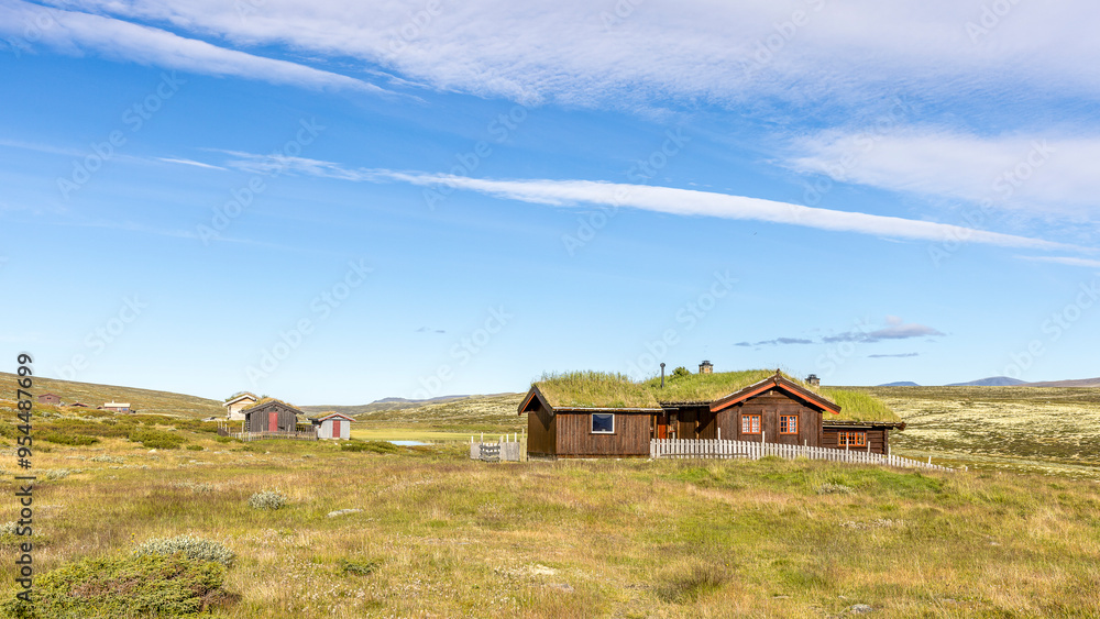 Old traditional wooden houses with green roofs, Dovrefjell, Norway Old traditional wooden houses with green roofs, Dovrefjell, Norway