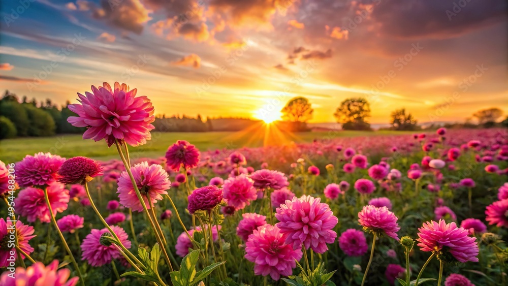Cerise pink flowers blooming in a field at sunset, warm golden light, wide-angle shot, peaceful atmosphere, serene mood, a realistic photo image. Cerise pink flowers blooming in a field at sunset, warm golden light, wide-angle shot, peaceful atmosphere, serene mood, a realistic photo image.