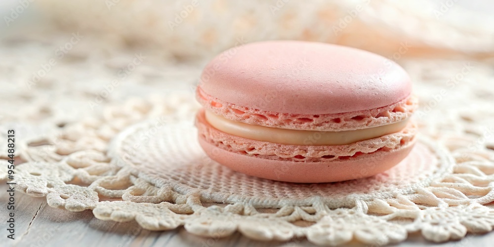 A baby pink, French macaron sits on a delicate, lace doily, lit by a soft, natural light, with a shallow depth of field, and a subtle texture, a realistic photo image. A baby pink, French macaron sits on a delicate, lace doily, lit by a soft, natural light, with a shallow depth of field, and a subtle texture, a realistic photo image.