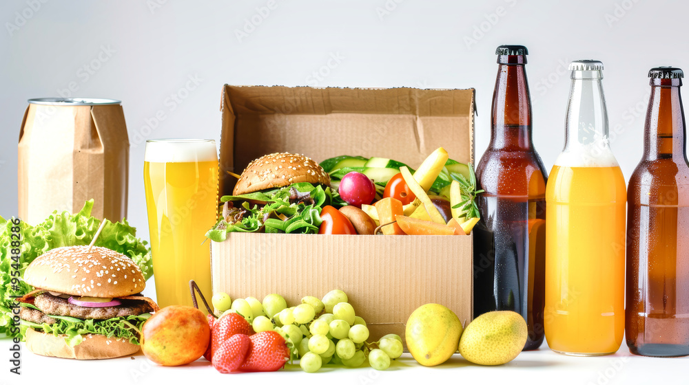 An inviting spread of assorted fast food, fresh fruits, and beverages beautifully arranged in a cardboard box An inviting spread of assorted fast food, fresh fruits, and beverages beautifully arranged in a cardboard box