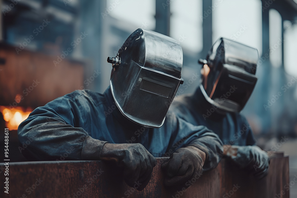 Workers wearing industrial uniforms and Welded Iron Mask at Steel welding plants, industrial safety first concept Workers wearing industrial uniforms and Welded Iron Mask at Steel welding plants, industrial safety first concept