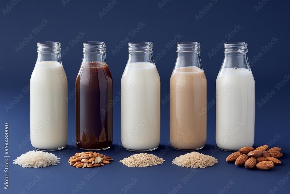 Plant-Based Milk Bottles with Grains and Nuts on Dark Blue Background