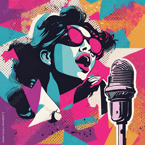 Artistic collage of trendy halftone elements, 90s music, retro nostalgia, trendy Y2K elements with 90s singer singing into a mic, torn paper stickers, illustrations, suitable for screen printing, phot