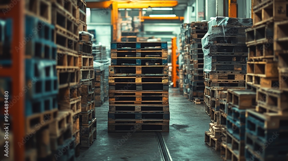 A cluttered warehouse with pallets of various sizes stacked unevenly, metal racks in the background, and forklift tracks on the floor, gritty and raw detail A cluttered warehouse with pallets of various sizes stacked unevenly, metal racks in the background, and forklift tracks on the floor, gritty and raw detail