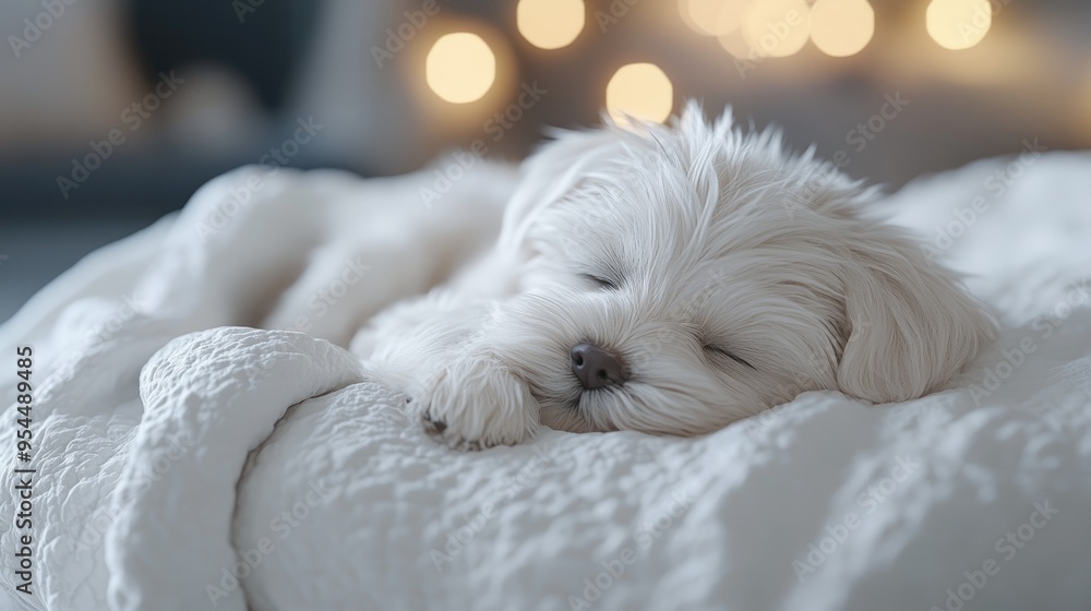 3D rendering of a Maltese puppy resting on a white blanket in a cozy bed 3D rendering of a Maltese puppy resting on a white blanket in a cozy bed