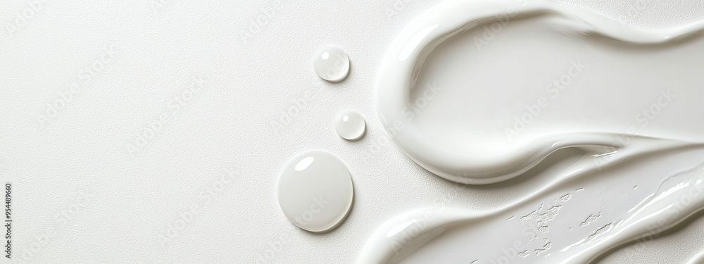A tight shot of pristine white paint against a white background, exhibiting droplets of identical white paint to its left A tight shot of pristine white paint against a white background, exhibiting droplets of identical white paint to its left