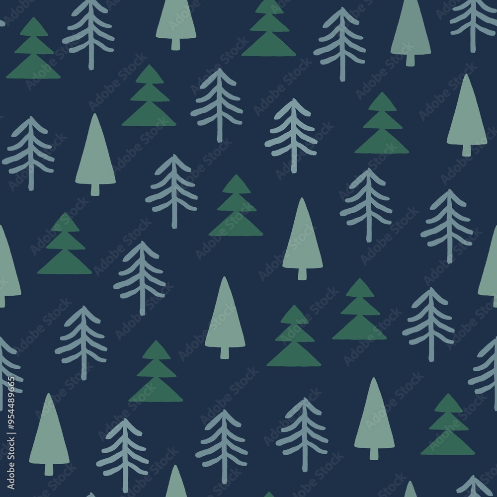 Obraz premium Hand drawn Christmas Tree seamless pattern-navy