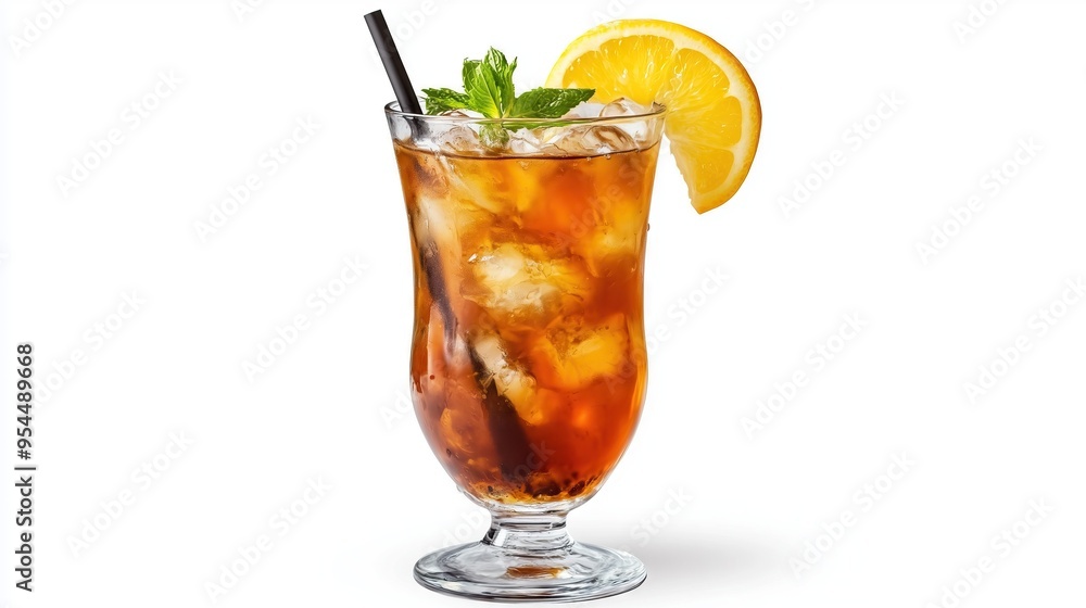 Fototapeta premium Long Island Iced tea cocktail decorated with a slice of lemon on white background