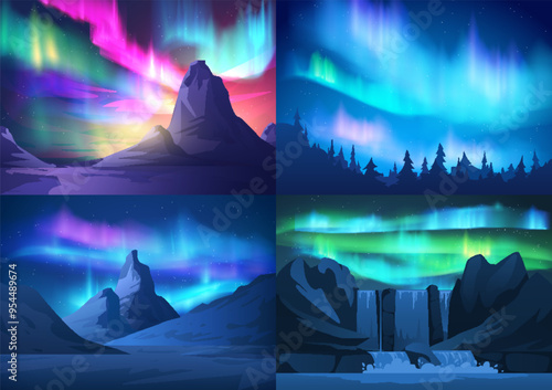 Colorful aurora borealis polar lights effect on starry night sky on mountains, waterfall and forest landscape vector set
