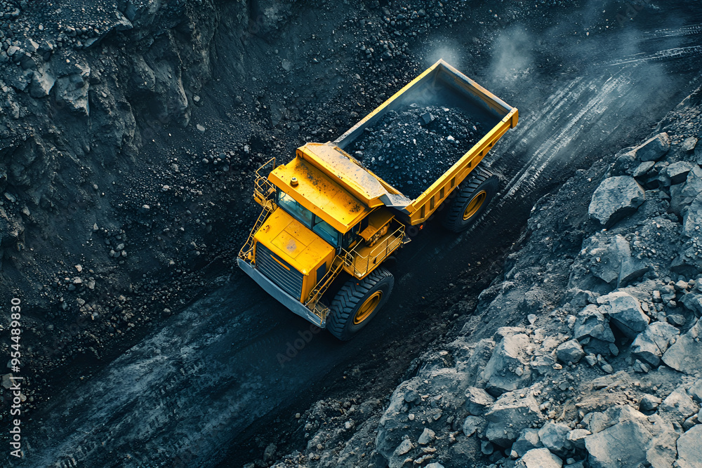 Open pit mine industry, big yellow mining truck for coal anthracite Open pit mine industry, big yellow mining truck for coal anthracite