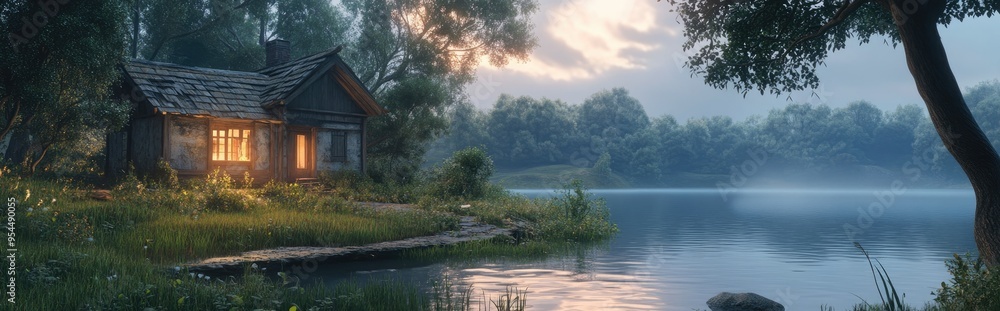 3D rendering of an abandoned house by a serene lake 3D rendering of an abandoned house by a serene lake