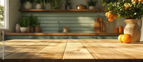 3D rendering of a beautiful natural wooden table with a kitchen backdrop photo