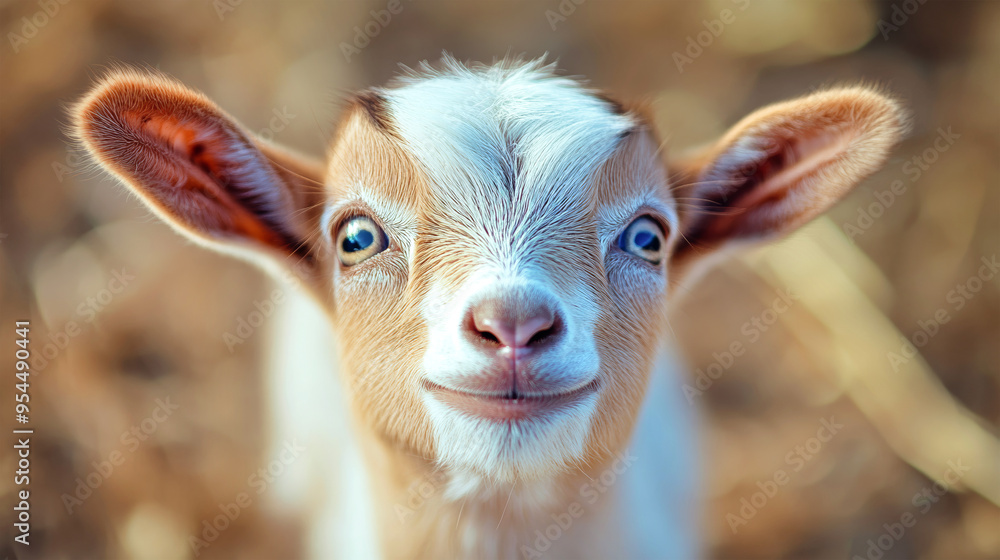 A baby goat looks curiously at the camera, her wide, sparkling eyes full of life and wonder in a sunny barn environment A baby goat looks curiously at the camera, her wide, sparkling eyes full of life and wonder in a sunny barn environment
