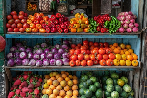 Colorful fresh vegetables and fruits displayed at a market stall. Healthy eating and organic produce concept