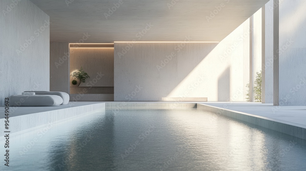 Fototapeta premium Minimalist house interior featuring smooth concrete and a swimming pool 3D rendering