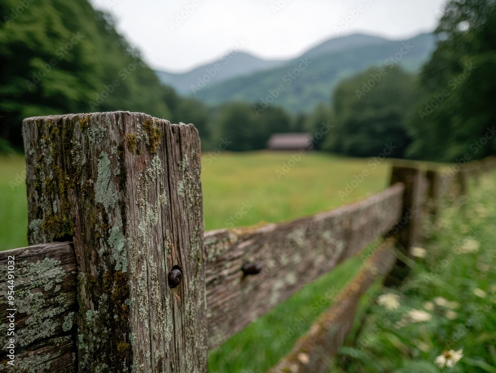 Rustic wooden fence in serene countryside landscape Rustic wooden fence in serene countryside landscape