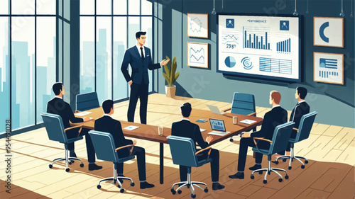 An image of a confident CEO standing at a sleek, modern conference room, presenting his company's performance to five attentive investors 