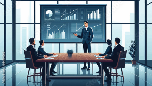 An image of a confident CEO standing at a sleek, modern conference room, presenting his company's performance to five attentive investors 