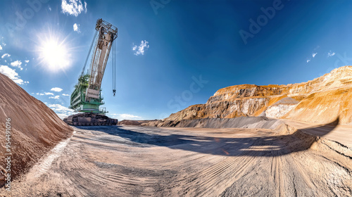 A large crane looms over the expansive coal pit, surrounded by earthy hues and vibrant sky, showcasing the scale of quarry development