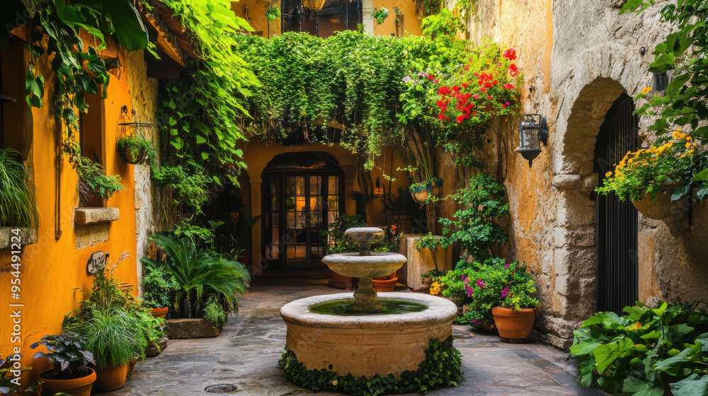 Obraz premium Tranquil Courtyard with Stone Fountain and Lush Greenery