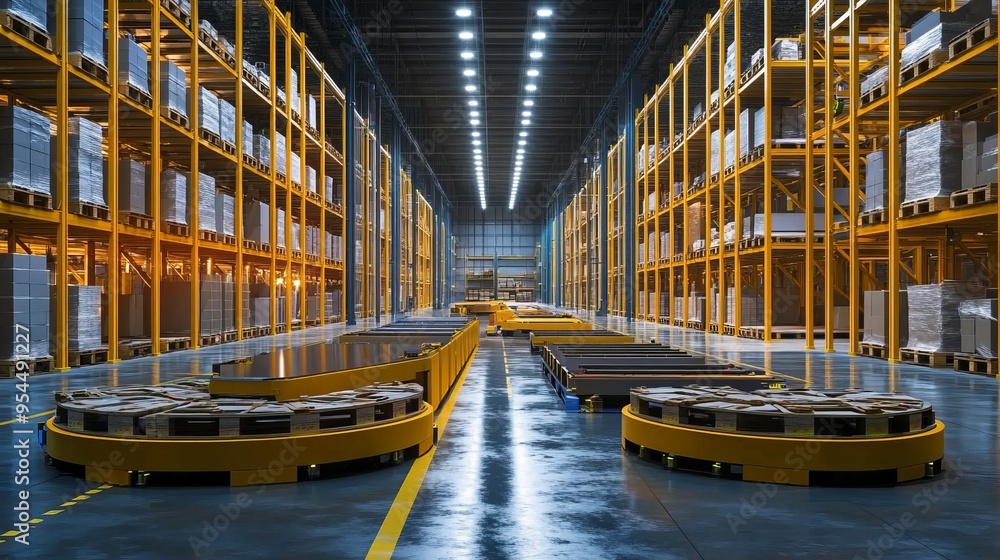 Fototapeta premium A futuristic warehouse with automated systems handling various items, placing them perfectly on pallets, showcasing cutting-edge logistics technology