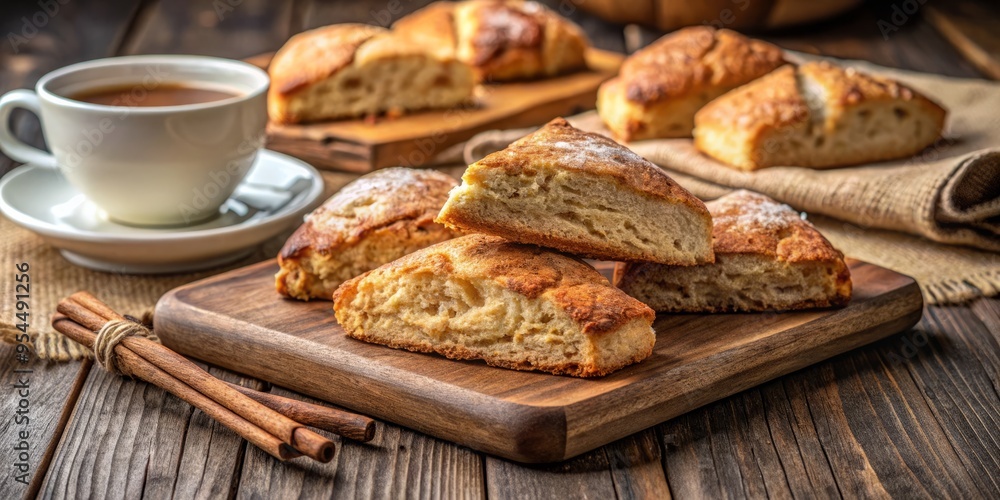 Cinnamon scones baked to perfection, arranged on a wooden cutting board in a cozy breakfast nook, soft natural light illuminating the colors and textures. Cinnamon scones baked to perfection, arranged on a wooden cutting board in a cozy breakfast nook, soft natural light illuminating the colors and textures.
